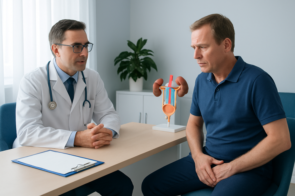 Urologist consulting with patient about urinary issues after surgery.