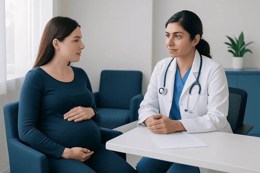Pregnant woman consulting with a doctor in a hospital setting.