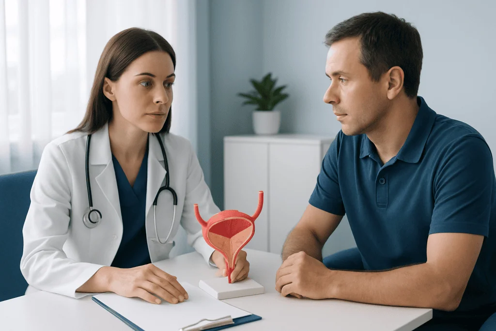 Urologist explaining bladder model to male patient in consultation room.