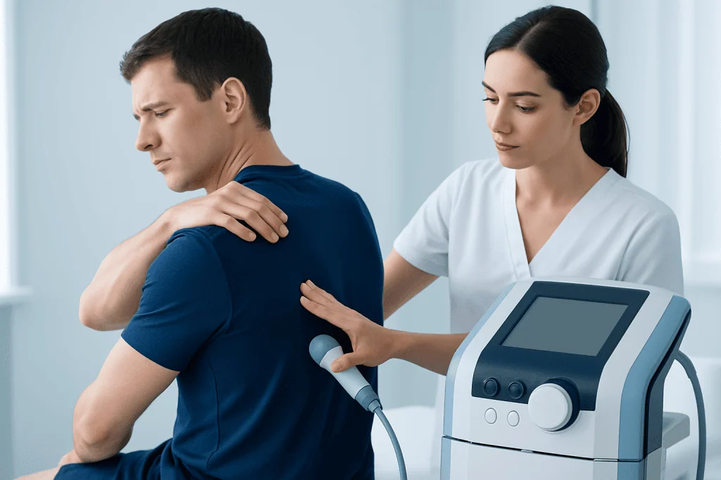Physical therapy session for scapula pain with medical equipment.