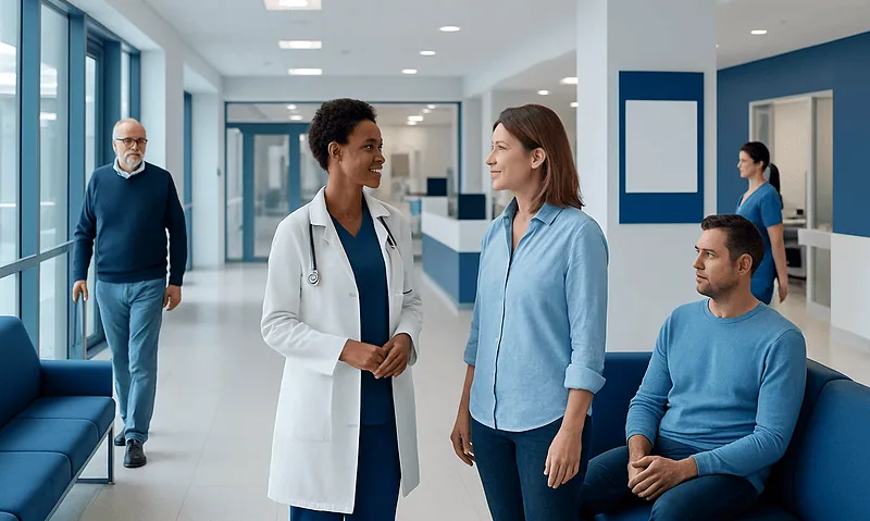 Healthcare professionals and patients in a modern hospital corridor.