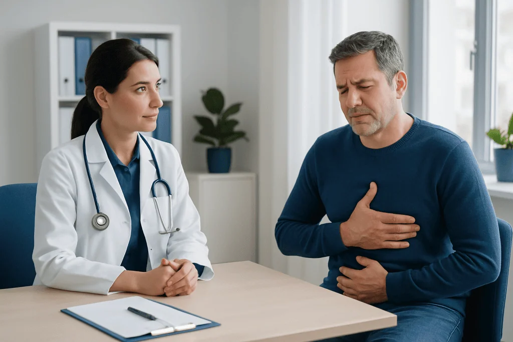 Doctor consulting with a patient about stomach discomfort in a medical office.