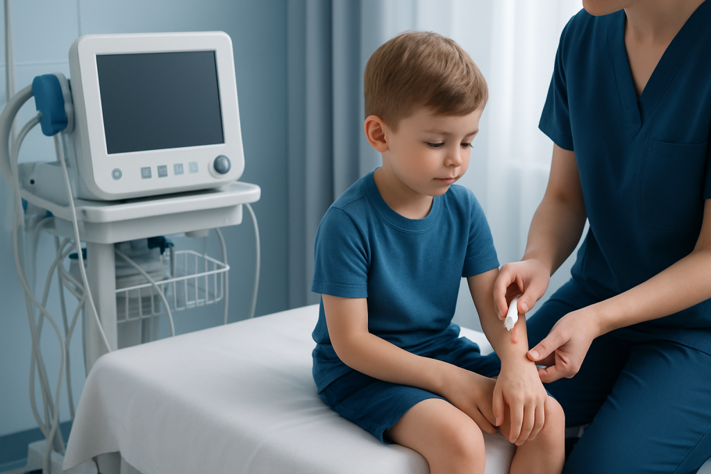 Child receiving medical care for hand foot and mouth disease in hospital.