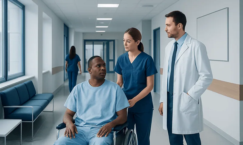 Medical team consulting a patient in hospital corridor.