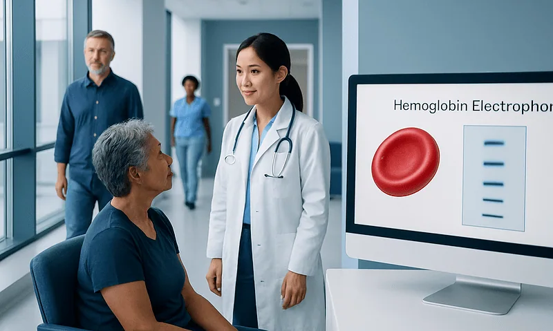 Doctor explaining hemoglobin electrophoresis to patient in hospital corridor.