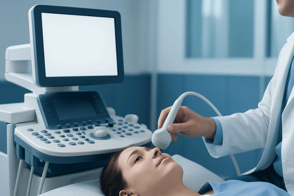 Medical professional performing an ultrasound on a patient in a hospital setting.