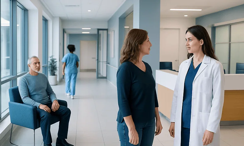 Patient and doctor having a discussion in a modern hospital corridor.