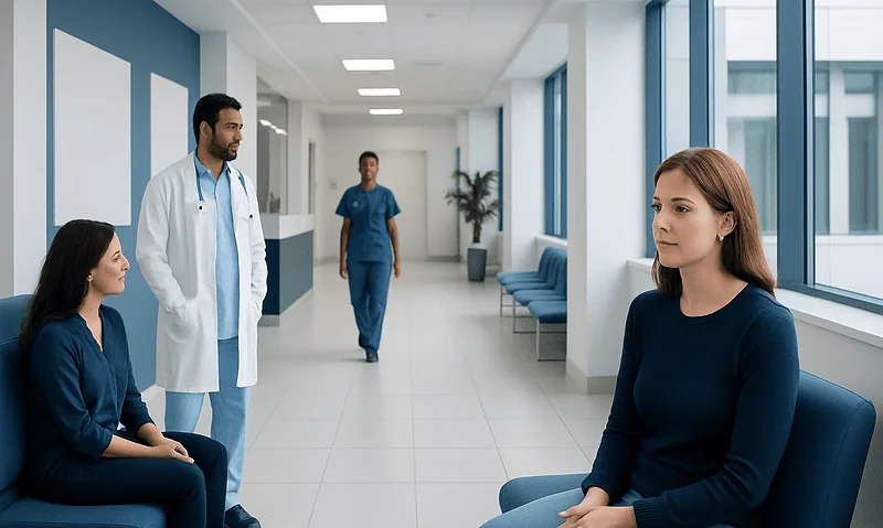 Health Library 14 Patients waiting in a hospital corridor with medical staff nearby.