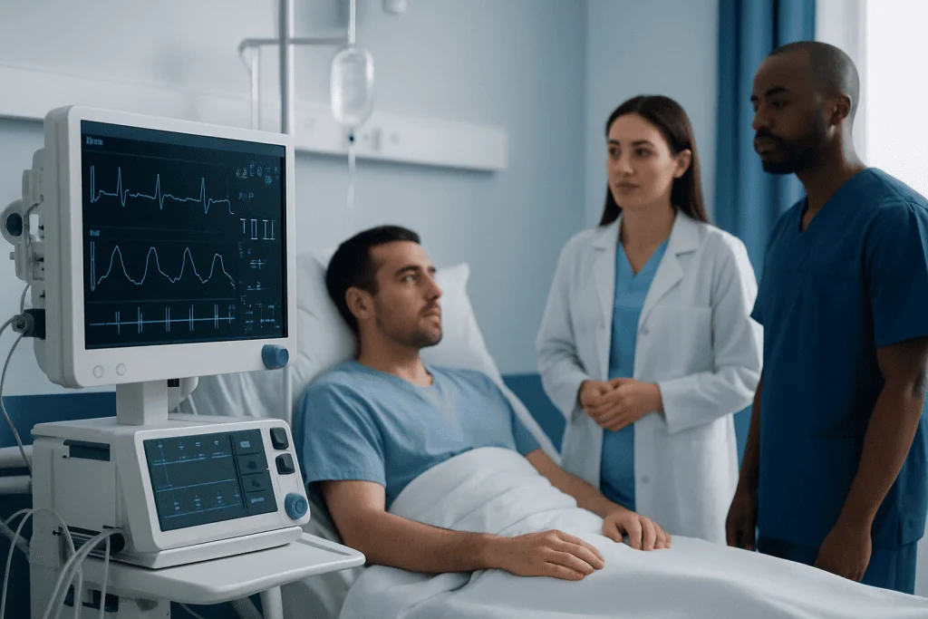 Hospital room with patient and medical staff monitoring vital signs.