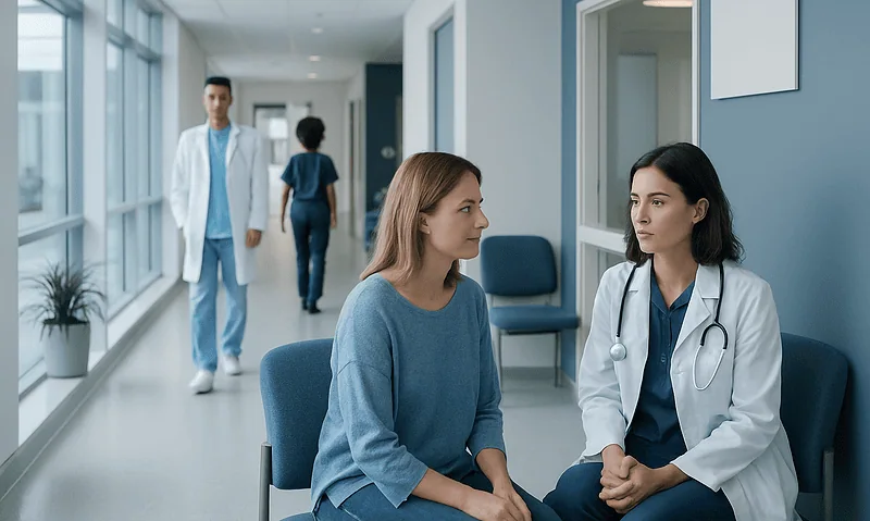 Doctor consulting with a patient in a hospital corridor.
