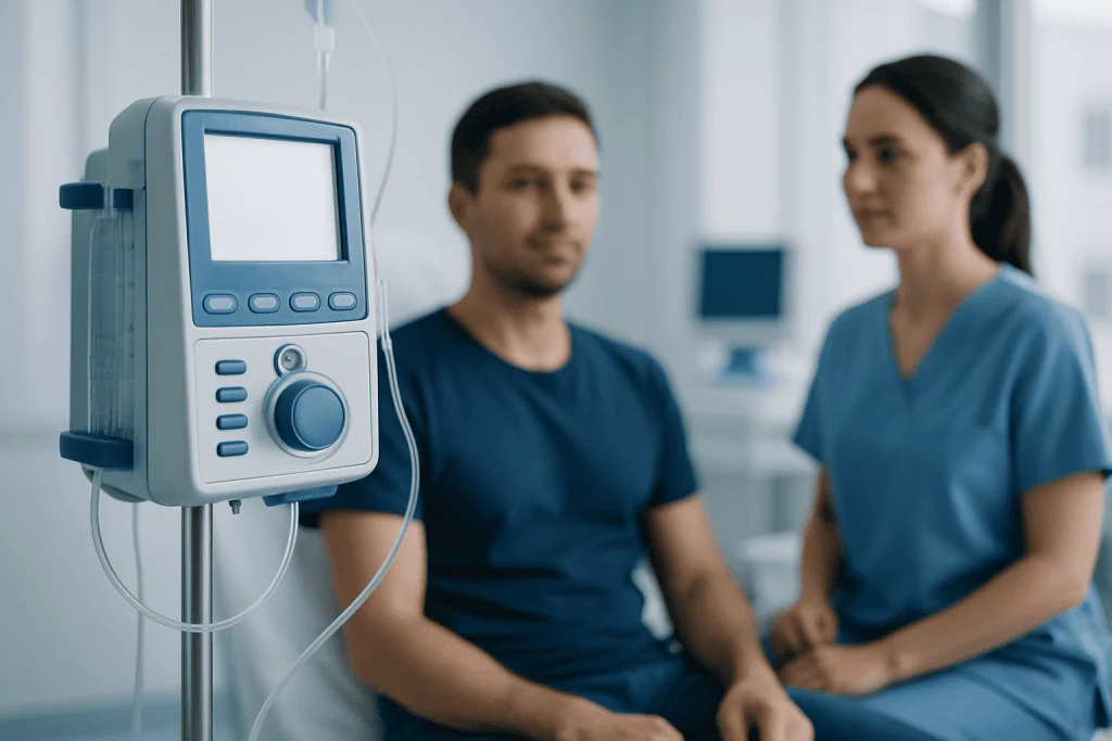 Medical consultation with a patient and healthcare professional in hospital.