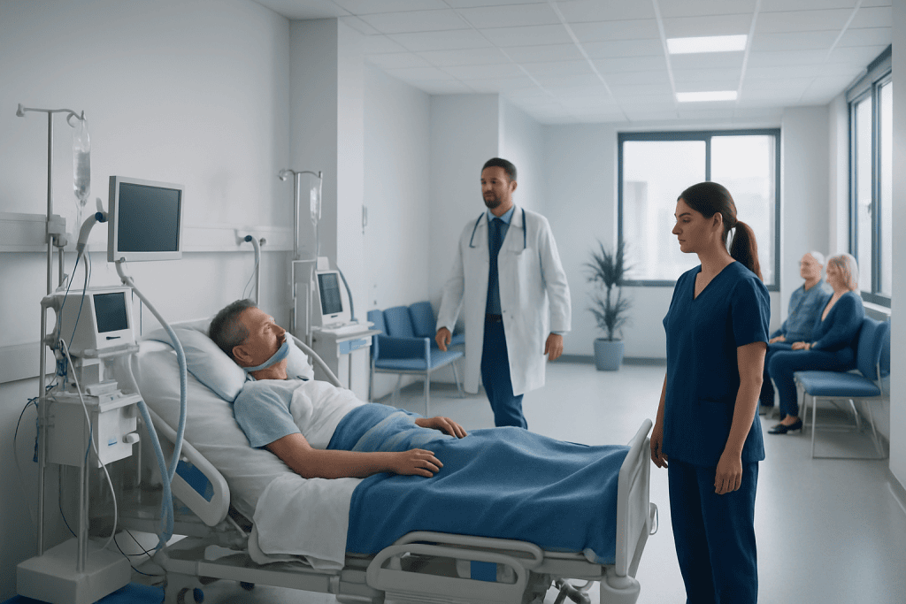 When You May Need ICU Care After Surgery in Turkey 1 Patient in ICU bed with medical staff in modern hospital room.