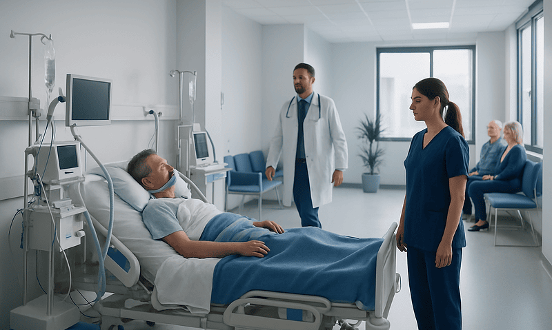 Patient in ICU bed with medical staff in modern hospital room.
