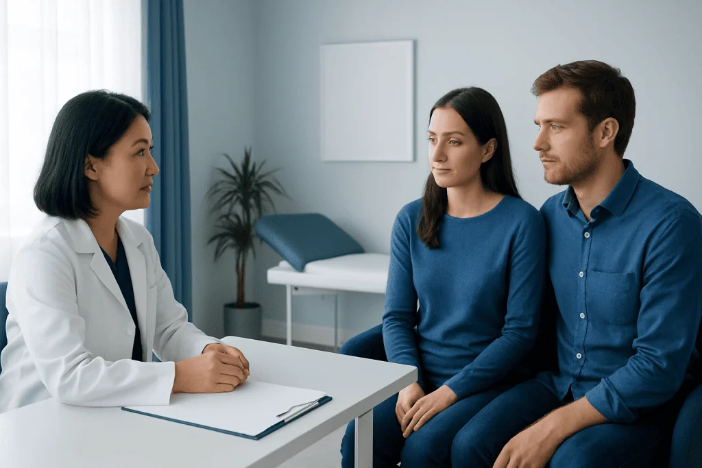 Fertility consultation with a doctor and a couple in a medical office.
