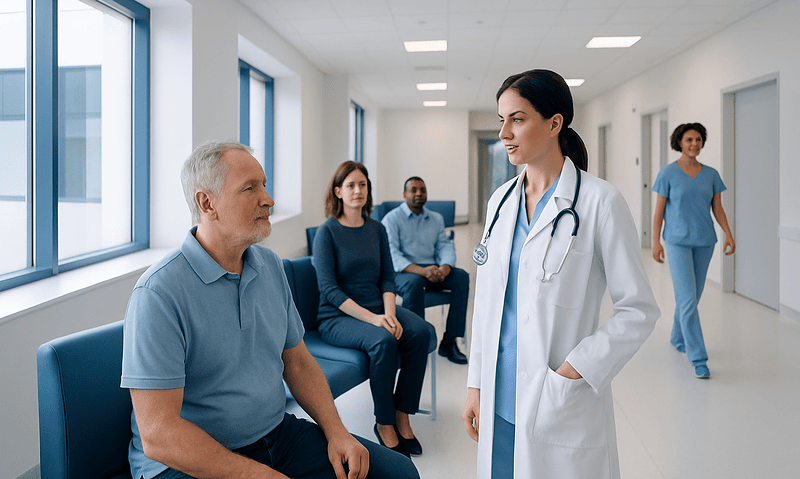 Doctor consulting with a patient in a hospital corridor.