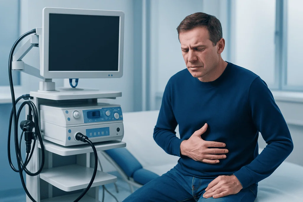 Man experiencing stomach pain in a medical examination room.