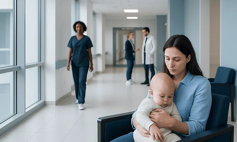 Mother with baby in hospital corridor at Acibadem Hospitals Group.