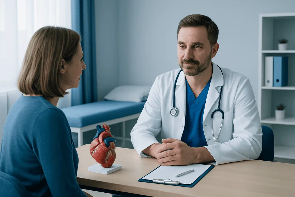 Doctor explaining heart health to a patient in a medical consultation room.