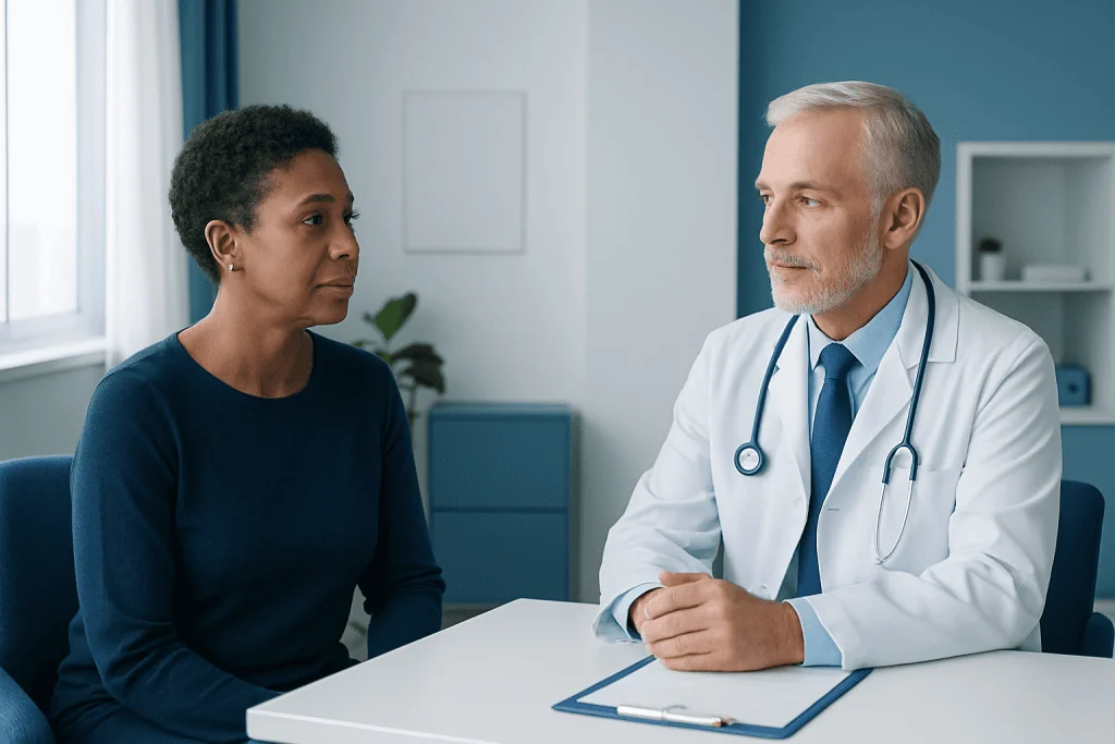 Doctor consulting with a patient in a modern medical office.
