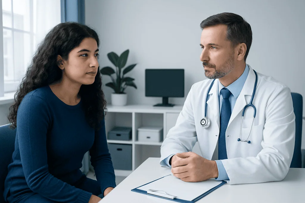 Doctor consulting with a female patient in a medical office.