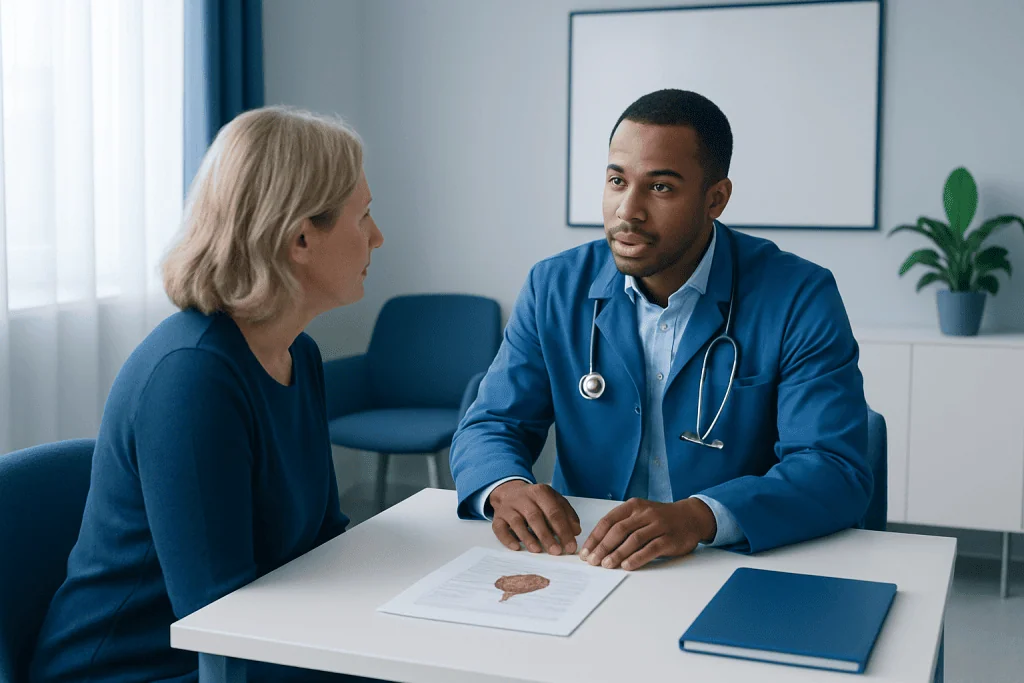 Doctor consulting with a patient in a modern medical office.