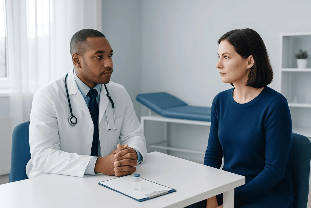 Doctor consulting with a female patient in a modern clinic setting.