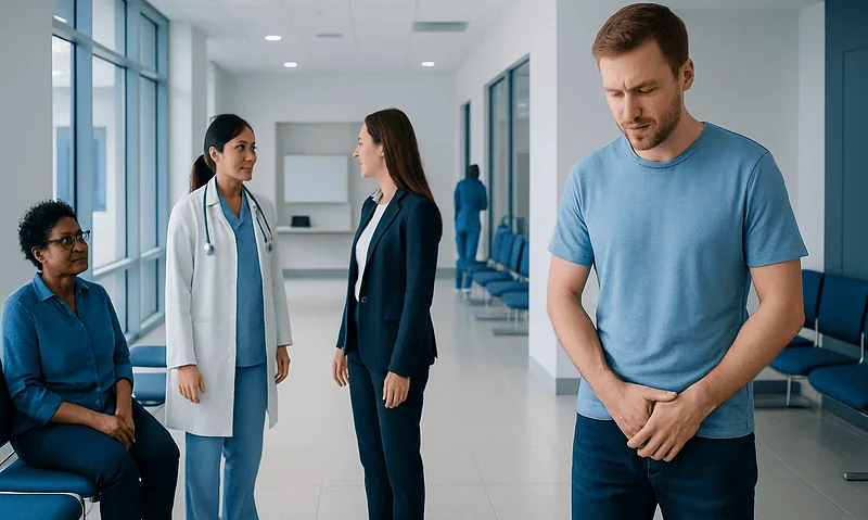 Man experiencing discomfort in a hospital corridor with medical staff nearby.