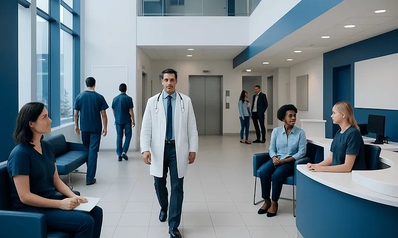 Medical staff and patients in a modern hospital lobby.
