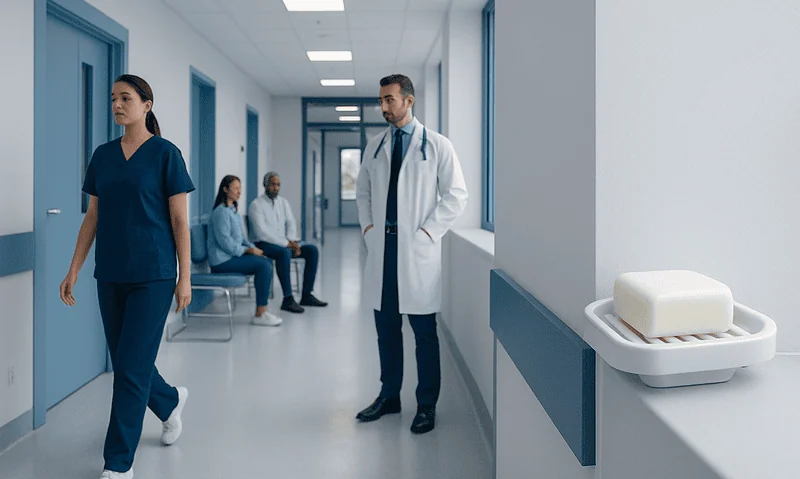 Hospital corridor with medical staff and soap dispenser on the wall.