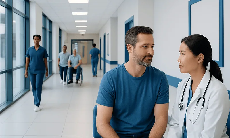 Patient consulting with doctor in hospital corridor at Acibadem Hospitals Group.
