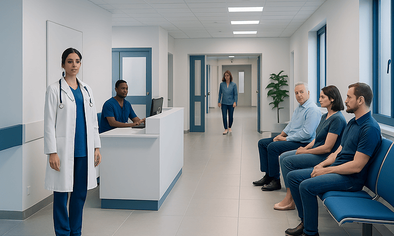 Medical consultation room with healthcare professionals and patients at Acibadem Hospitals.