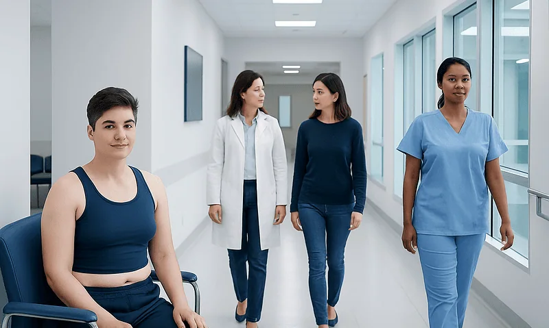 Patients and medical staff in a hospital corridor at Acibadem Hospitals Group.