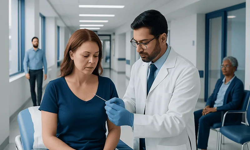 Doctor preparing for a biopsy procedure with a patient in a hospital corridor.