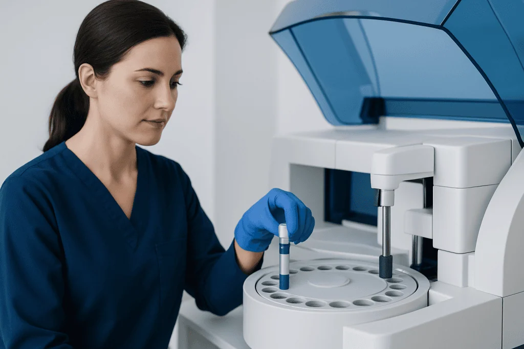 Laboratory technician preparing a biospecimen sample with advanced equipment.