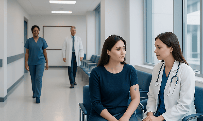 Patient consulting with a doctor in a hospital corridor.