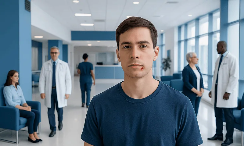 Young man in hospital corridor with medical staff in background.