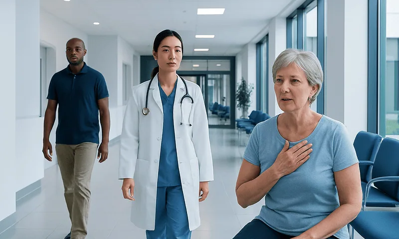 Medical professionals examining a patient in a modern hospital corridor.