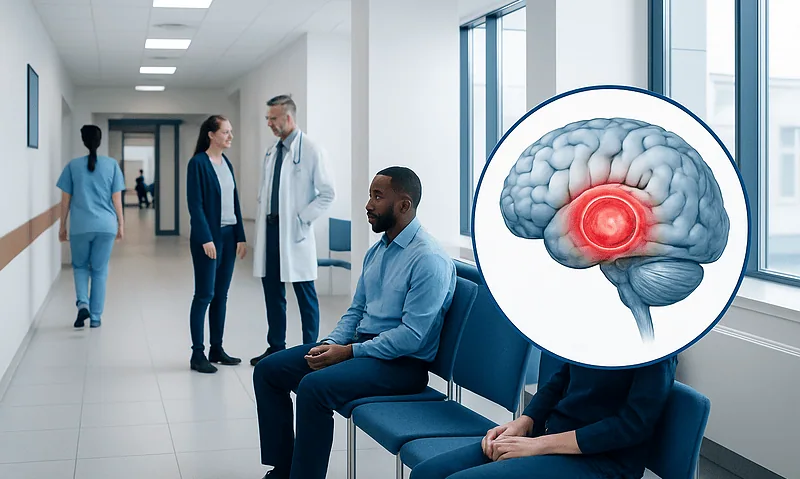 Medical consultation for brain abscess with brain illustration in hospital corridor.