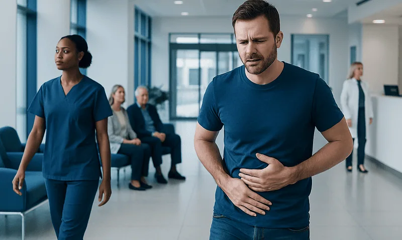 Man experiencing stomach pain in hospital corridor with medical staff and patients.