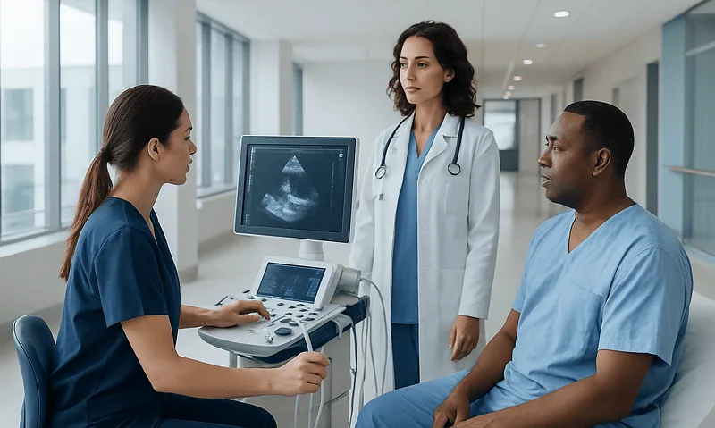 Medical professionals discussing an ultrasound scan in a hospital corridor.