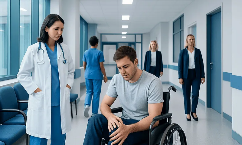 Patient in wheelchair with knee pain in hospital corridor.