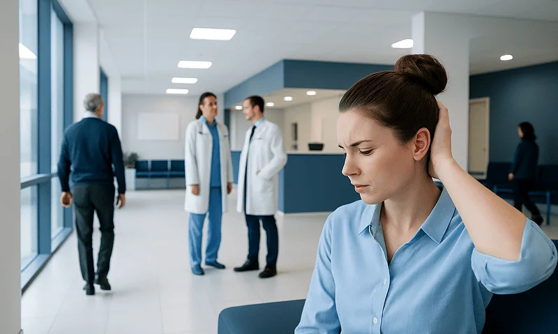 Young woman with headache in hospital waiting area.