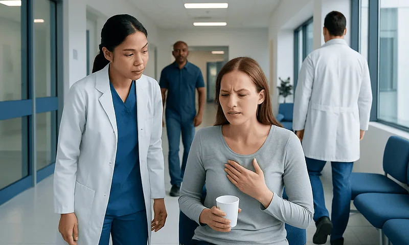 Patient experiencing chest discomfort in hospital corridor with medical staff nearby.