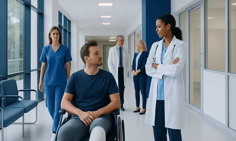 Medical team discussing patient care in hospital corridor.