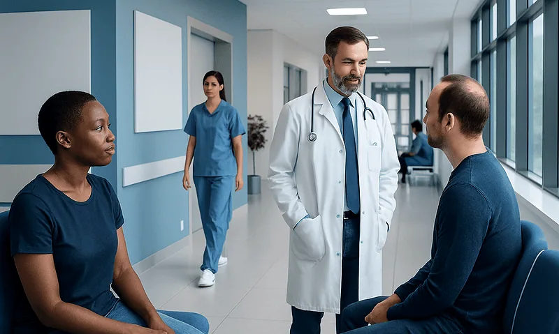 Doctor consulting with patient and nurse in hospital corridor.
