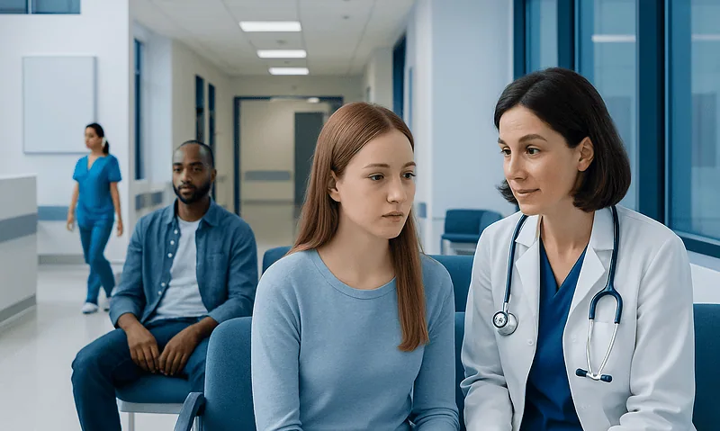 Doctor consulting with young female patient in hospital corridor.