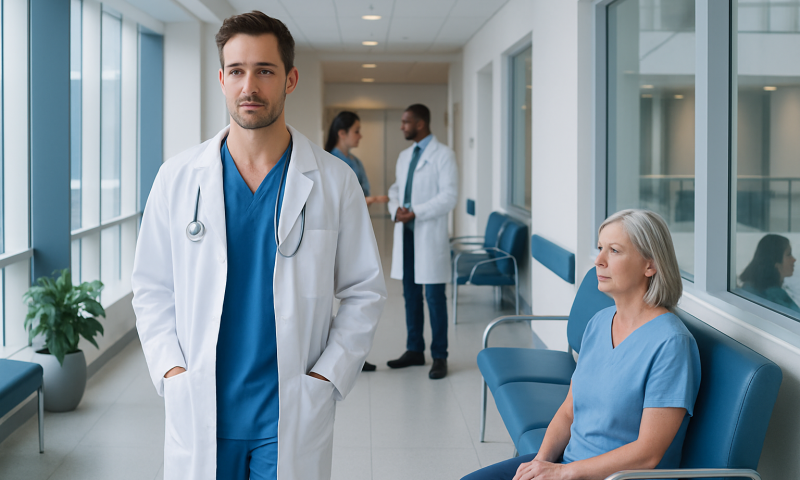 Healthcare professionals in a hospital corridor with patients and staff.
