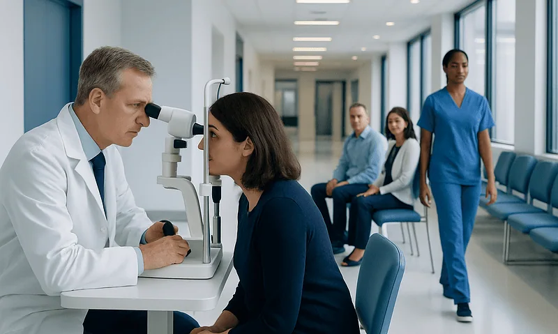 Optometrist performs eye exam on patient in modern clinic.