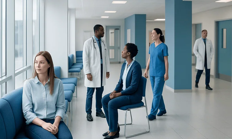 Medical consultation in a modern hospital waiting area with healthcare professionals and patients.