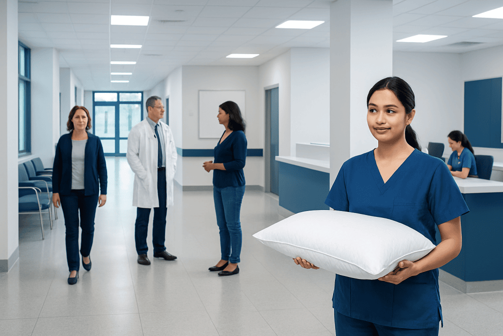 Cooling Pillow Case: An Evidence-Based Guide for Patients 1 Healthcare professional holding a pillow in a hospital corridor.